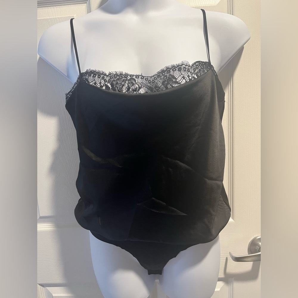 Victoria's Secret Satin Cowl-neck Bodysuit With Lace Size Large in Black
